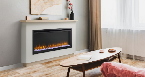 The Allusion electric fireplace is featured with a DIY mantel kit.
