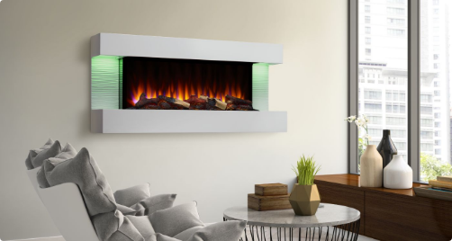 The Format electric fireplace is easily wall mounted on this apartment wall.